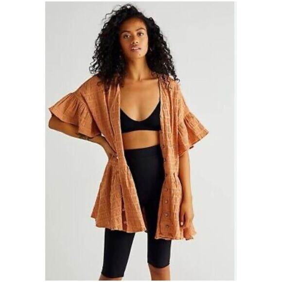 Free People Women’s Sz L Orange Oversized Tunic Dress Smocked Ruffle Keylani - Picture 1 of 15
